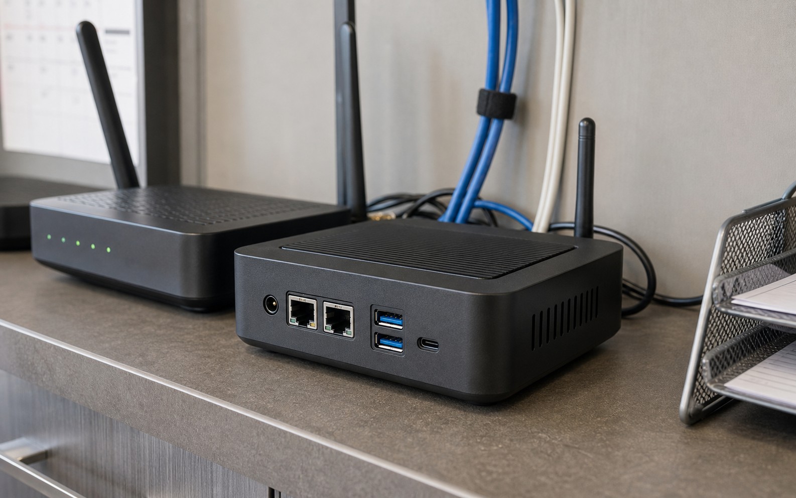 The GSIMS Gateway edge device with ports and antenna in a station back room