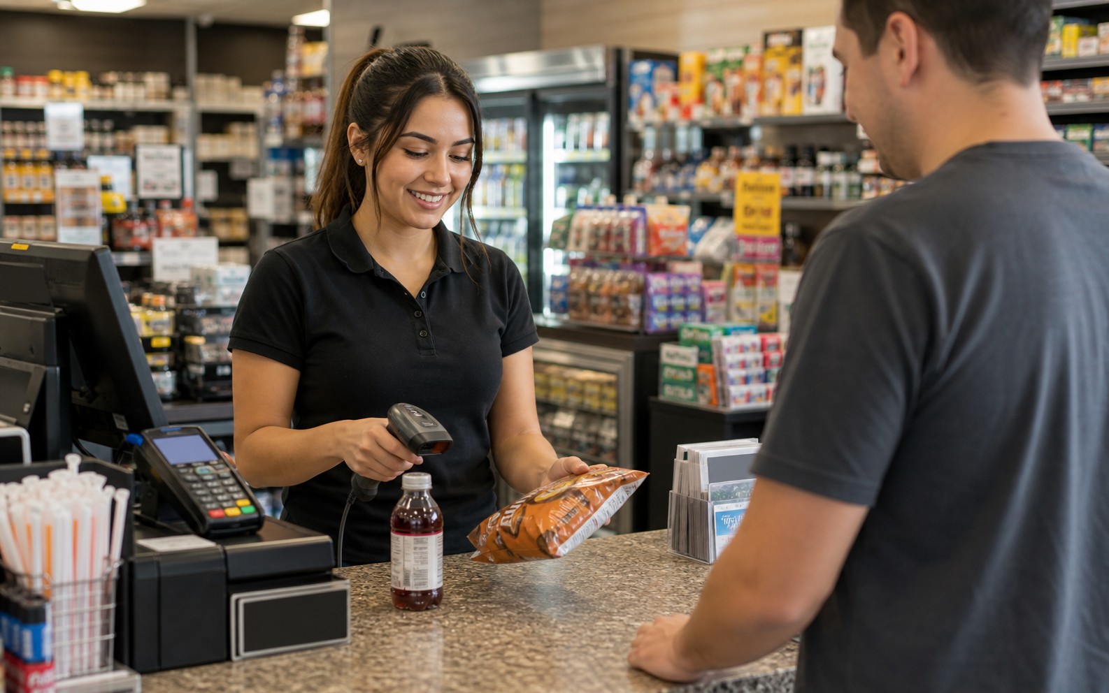 Convenience store employee scanning items at the POS counter