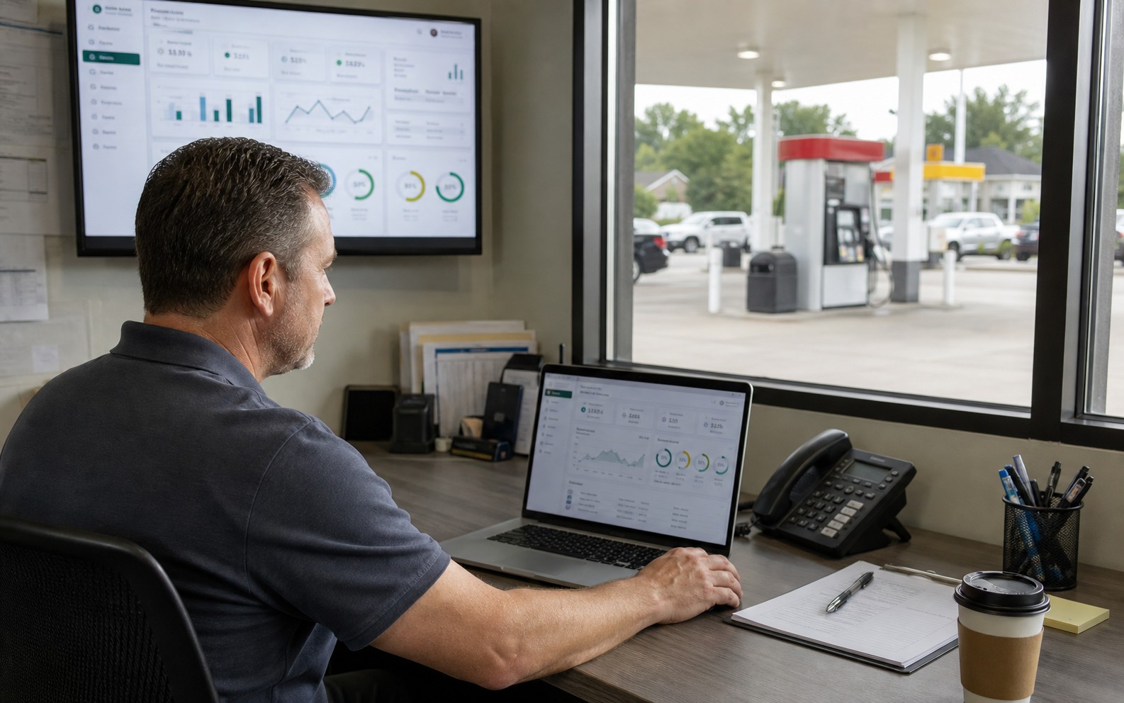 Gas station owner reviewing operations dashboard in a back office