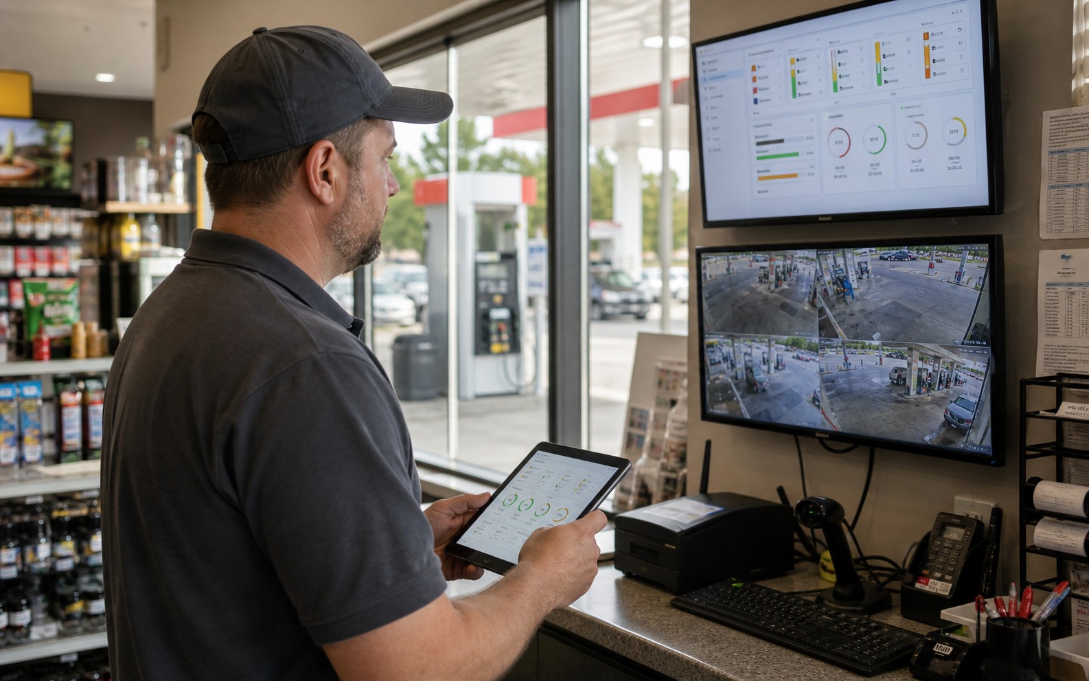 Station supervisor checking pump and camera status on a tablet