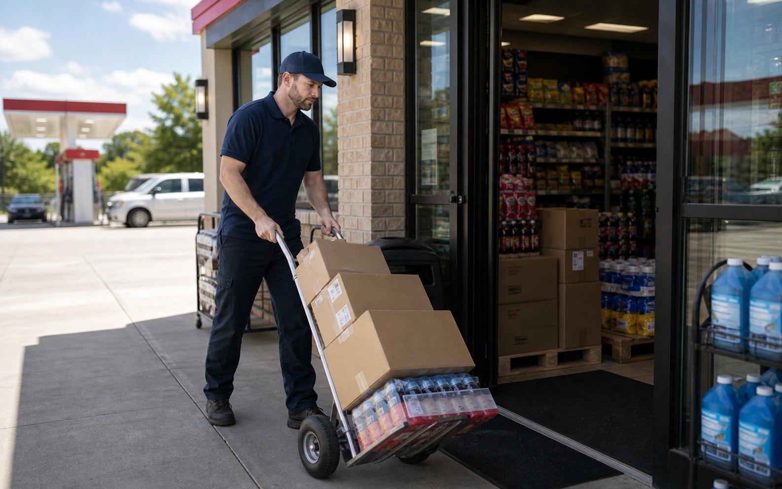 Supplier delivering stock to a gas station convenience store