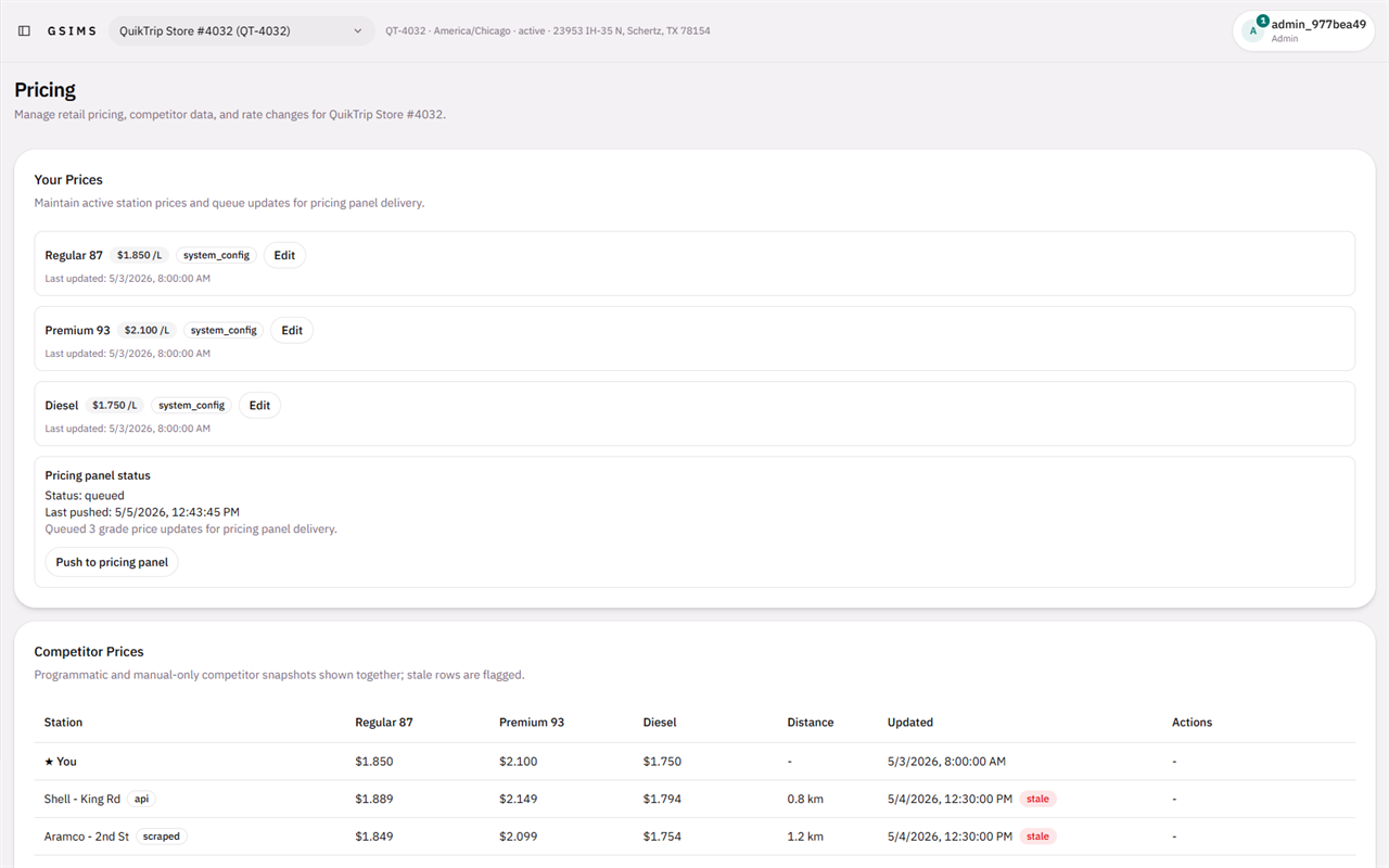 Fuel pricing with grade configuration and competitor price comparison