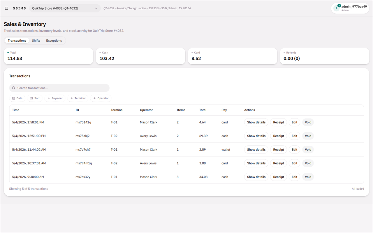 Sales and POS dashboard with revenue chart, transactions and payment breakdown