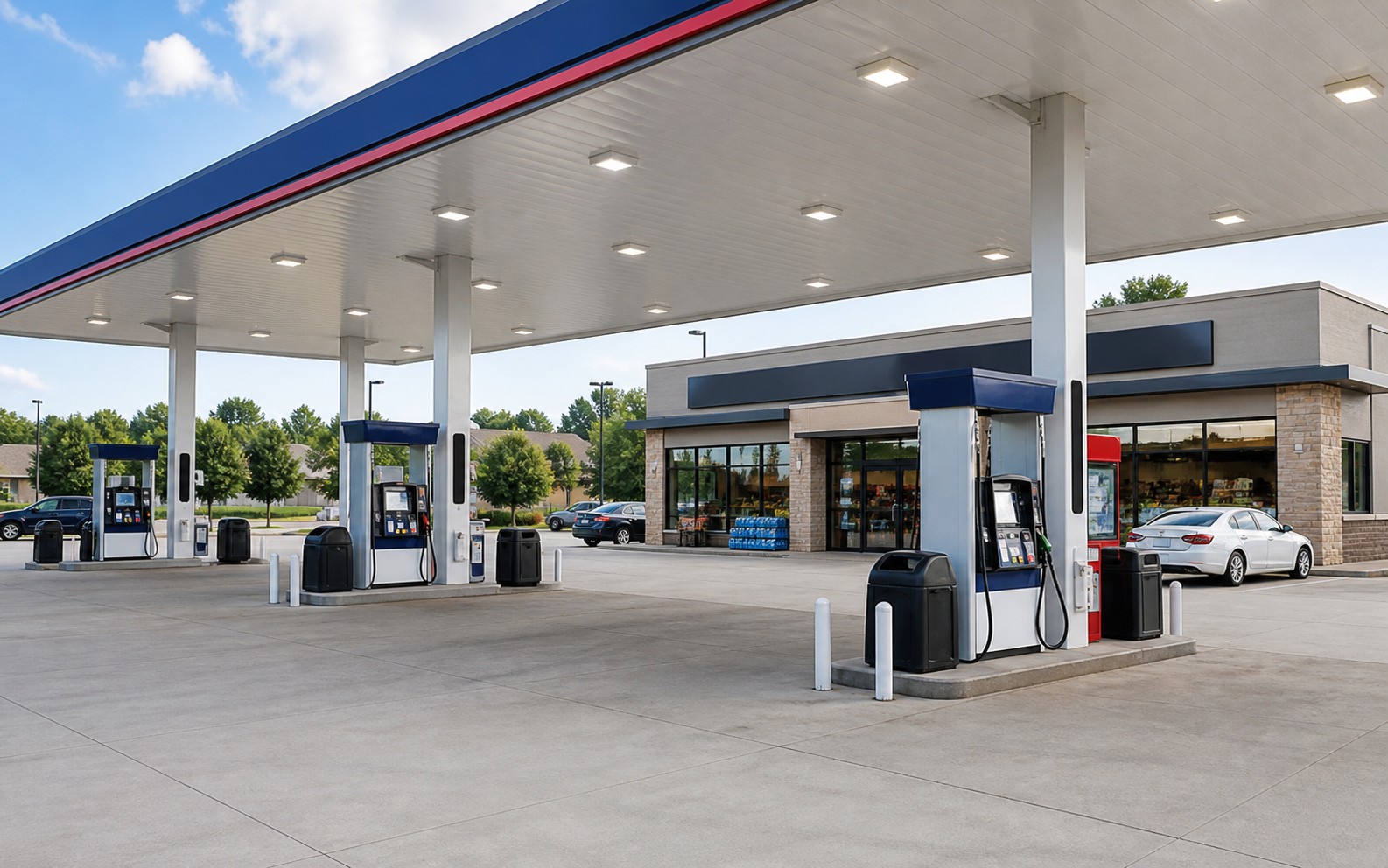 Gas station forecourt with fuel pumps under a lit canopy
