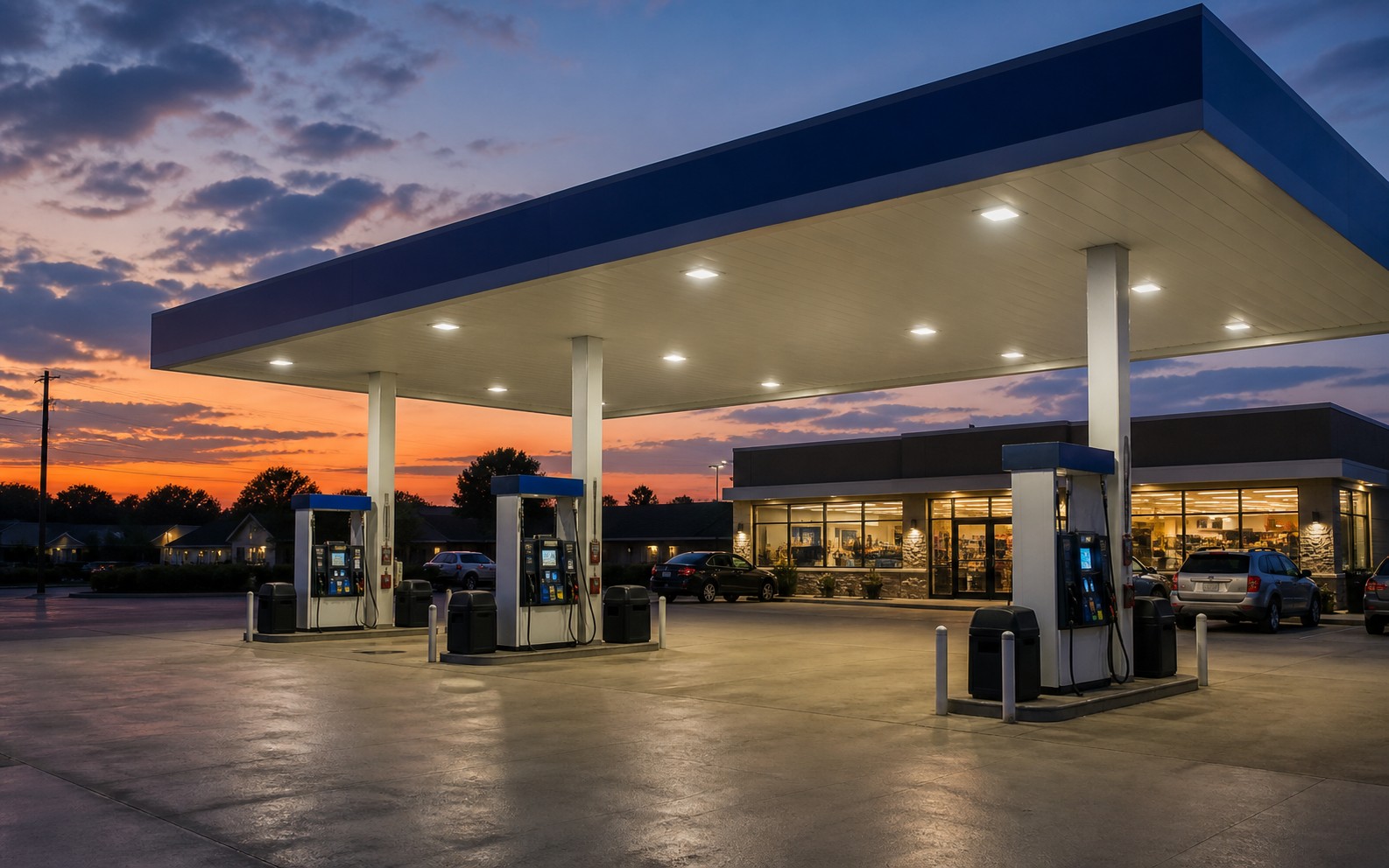 Gas station pumps under a lit canopy at dusk