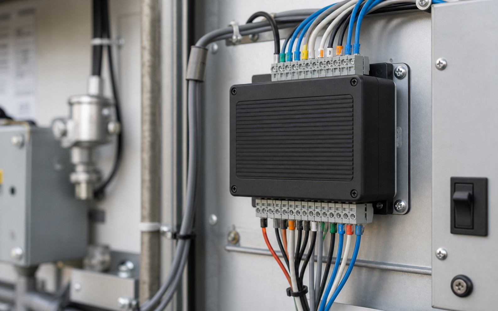 Industrial forecourt controller with wiring terminals in an equipment room