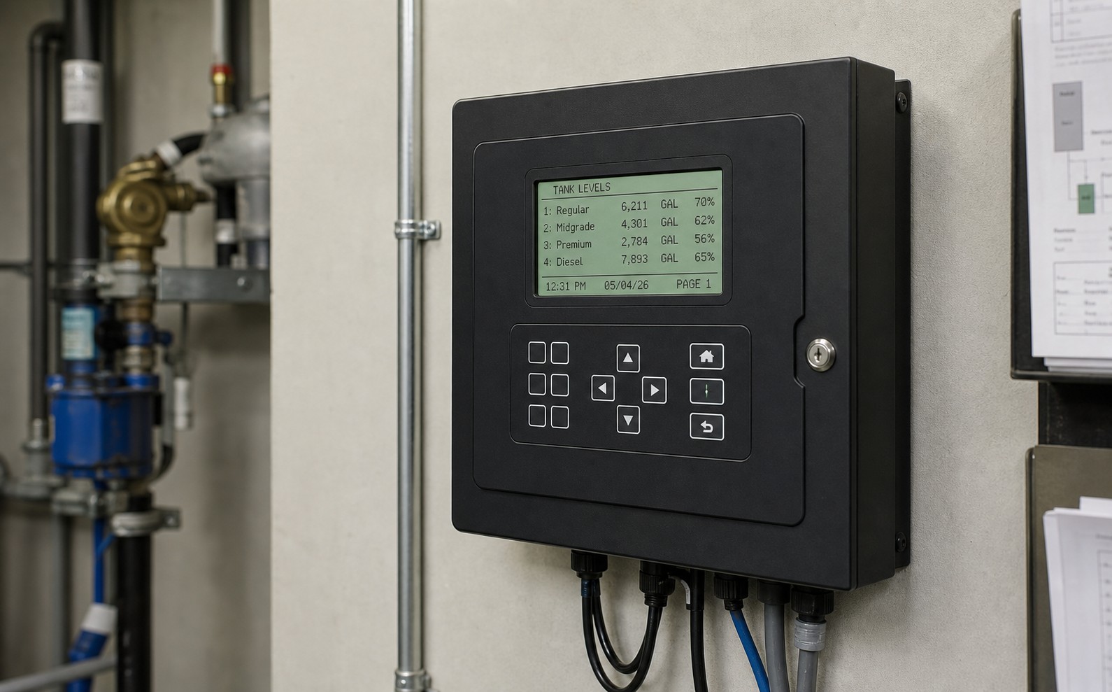 Wall-mounted automatic tank-gauge console with screen and keypad
