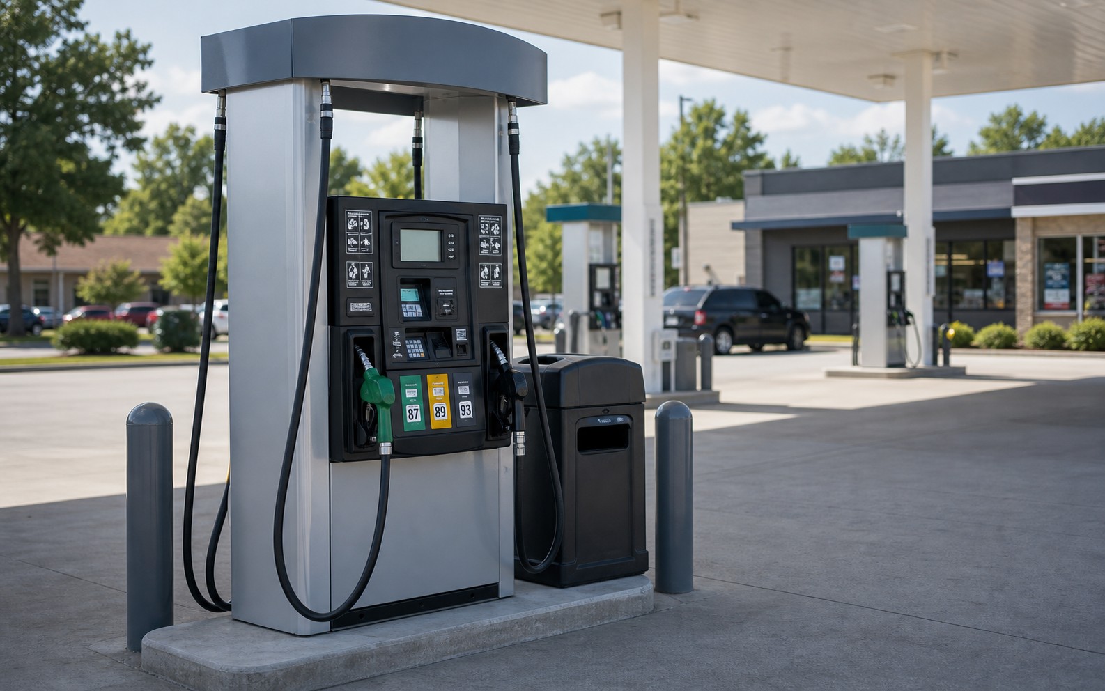 Modern unbranded fuel dispenser on a forecourt in daytime