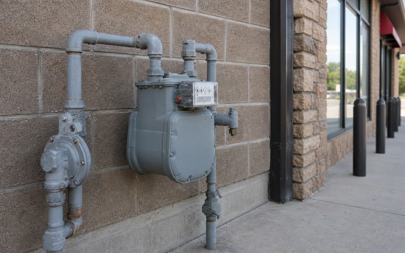 Natural-gas meter mounted on exterior wall piping