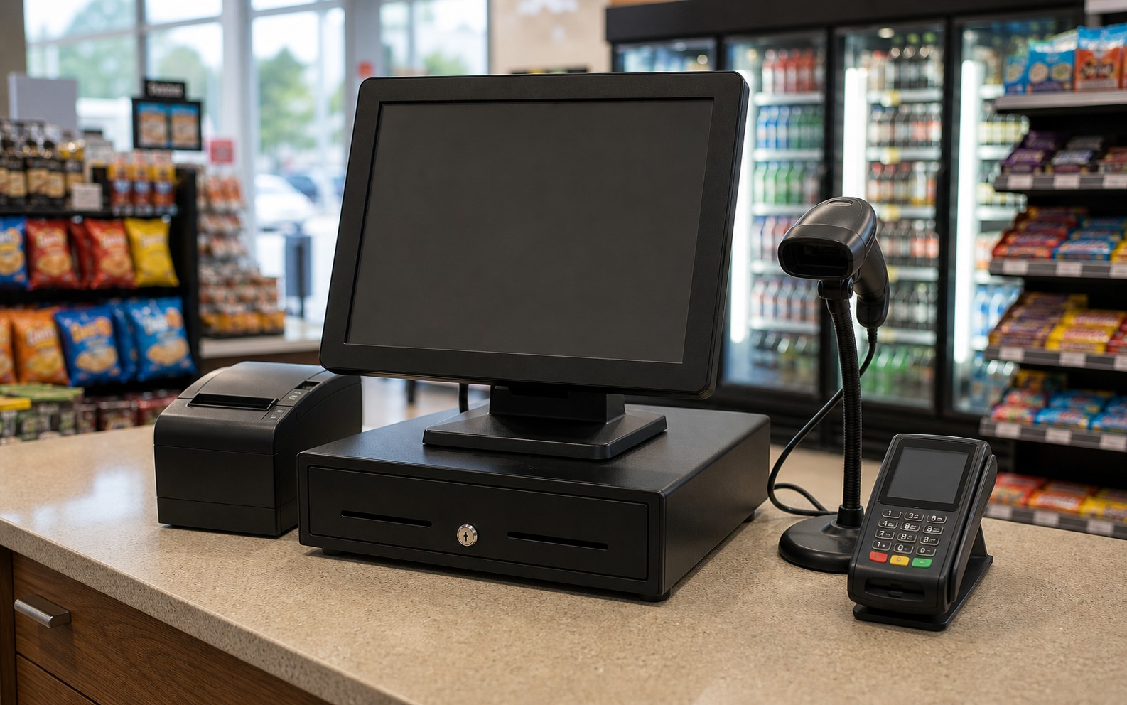 Convenience-store point-of-sale terminal and cash drawer on a counter
