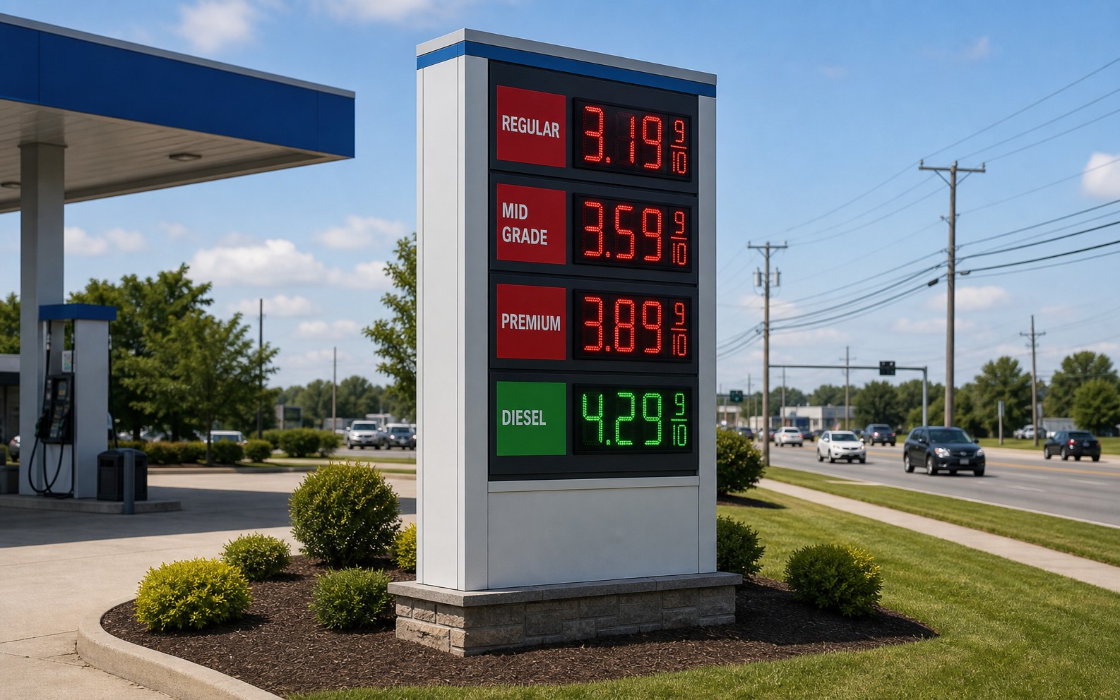 Unbranded roadside LED fuel-price sign with numeric prices