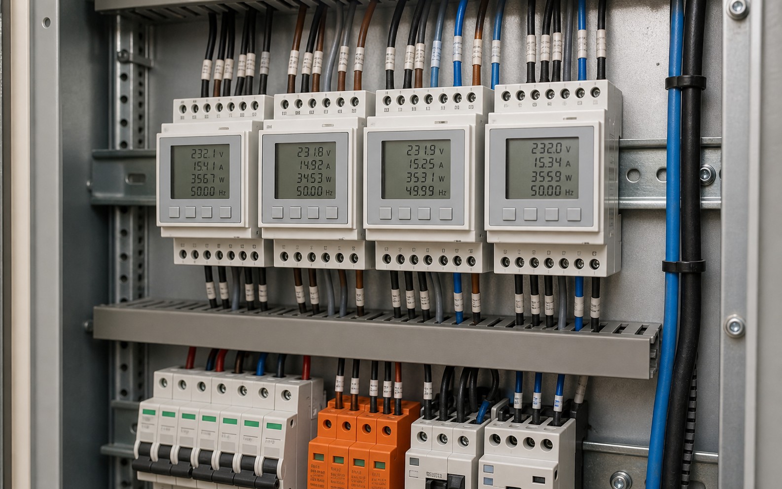 Electrical submeters and energy monitors on a DIN rail in an open panel