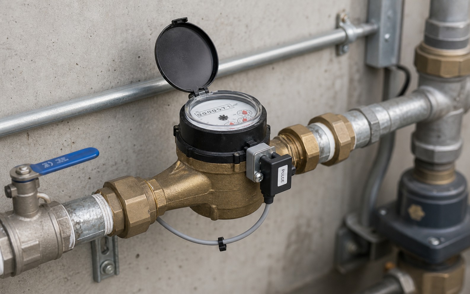 Pipe-mounted industrial water meter with pulse-output wiring